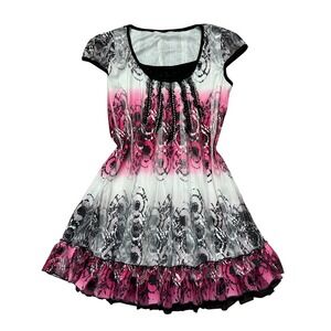 Vintage Pink Black Abstract Sequin Mini Dress Grunge Y2K Goth Cap Sleeve Pleated